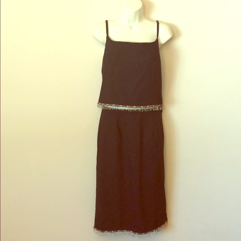 Vintage 90s 2-piece black dress with beaded fringe on top & skirt